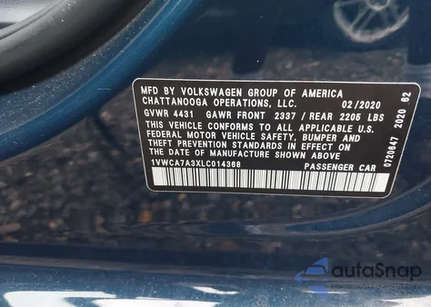 2020 Volkswagen Passat 2.0T Sel из США, поврежденный, VIN 1VWCA7A3XLC014368